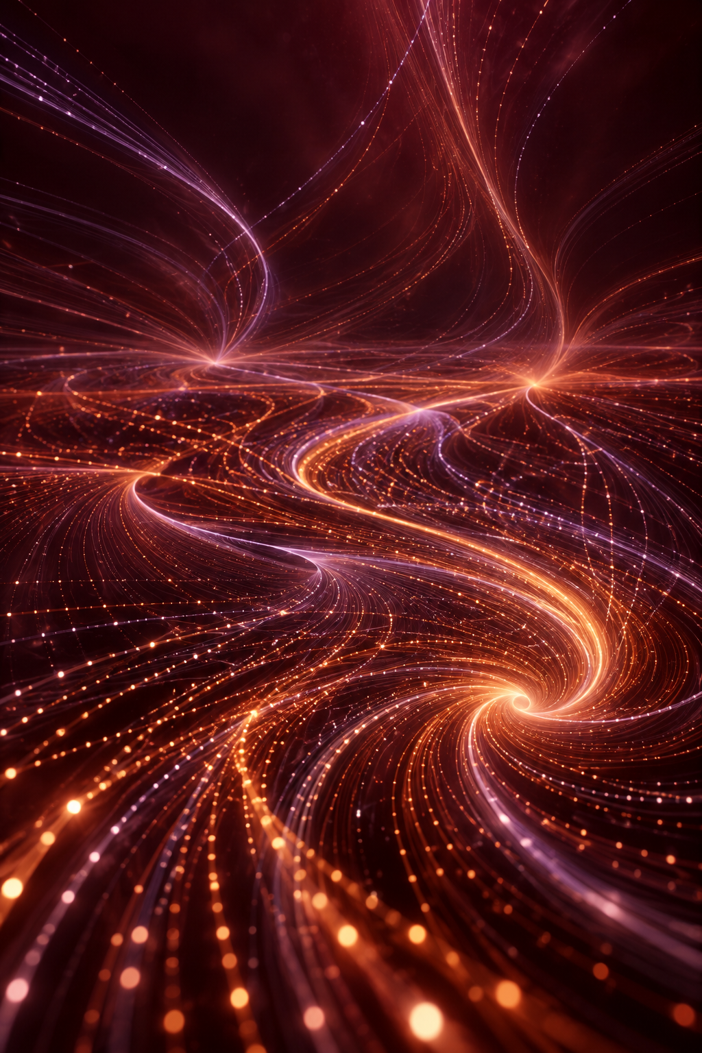 Trajectoires lumineuses convergeant dans un champ abstrait